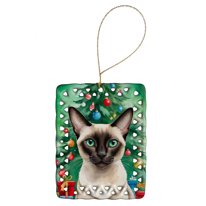 Colorpoint Shorthair Cat By the Christmas Tree Porcelain Ornament Christmas Tree Hanging Decorations for Home Christmas Holiday, Rectangle, Gift, Multicolor