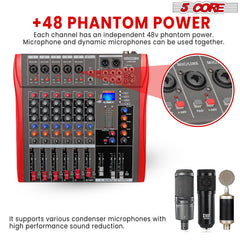 5 Core Audio Mixer 6 Channel DJ Mixing Board Professional Bluetooth USB Analog Mezclador De Audio w Phantom Power Rackmount Console for Live Recording Podcast Karaoke - MX 6CH