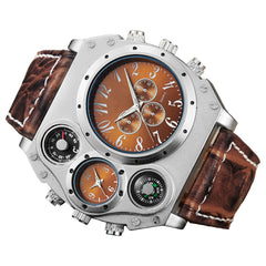 Men's Quartz Watch Two Time Zone Big Face Military Style Compass Thermometer Decorative Dial PU Leather Strap