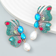 Fancy Alloy Butterfly Earrings with Diamond and Pearl Drop Earrings