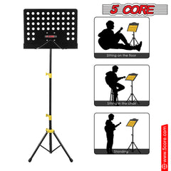 5 Core Sheet Music Stand Dual Use Professional Portable Music Stand, Metal Desktop Tripod Music Book Stand & Orchestral Sheet Stand Folding Adjustable Sturdy Heavy Duty for Performance & Band-MUS YLW