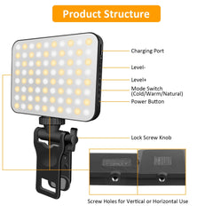 Rechargeable Selfie Light Fill Light 2000mAh Portable Clip On Light with 3 Light Modes 10 Brightness Levels for Phone Laptop Live Stream Make up Photography