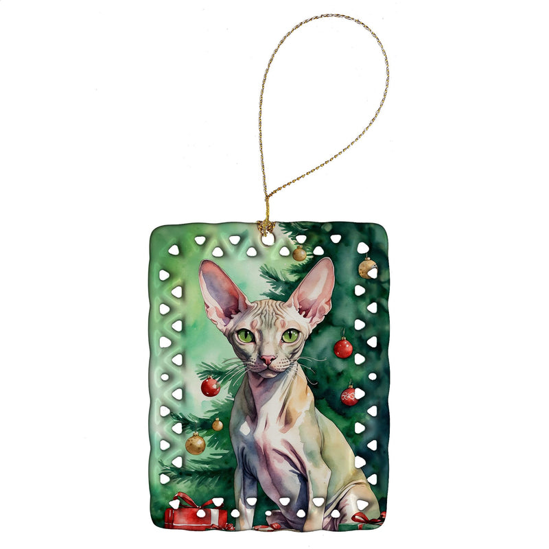 Peterbald Cat By the Christmas Tree Porcelain Ornament Christmas Tree Hanging Decorations for Home Christmas Holiday, Rectangle, Gift, Multicolor