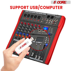 5 Core Audio Mixer 6 Channel DJ Mixing Board Professional Bluetooth USB Analog Mezclador De Audio w Phantom Power Rackmount Console for Live Recording Podcast Karaoke - MX 6CH