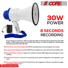 5 Core Megaphone Speaker Portable • 30W Bullhorn w Siren • Adjustable Volume Bull Horn • 800 Feet Range • Battery Powered Handheld Mega Phone for Coaches Safety Drill- 8R-USB-WB