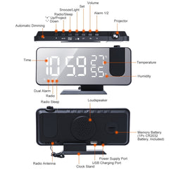 Projection Alarm Clock with Radio Function 7.5In Mirror LED Digital Alarm Clock