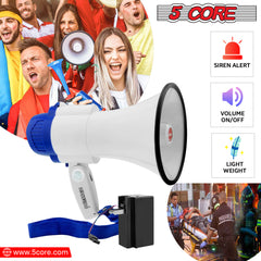 5 Core Megaphone Speaker Portable • 30W Bullhorn w Siren • Adjustable Volume Bull Horn • 800 Feet Range • Battery Powered Handheld Mega Phone for Coaches Safety Drill- 8R-USB-WB