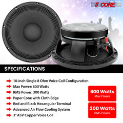 5 Core 10 Inch Subwoofer Speaker • 600W Max • 8 Ohm Fullrange Replacement DJ Bass Sub Woofer Loudspeaker • 3" Voice Coil • 96 Oz Magnet • Aluminum Frame- FR 10 185 AL