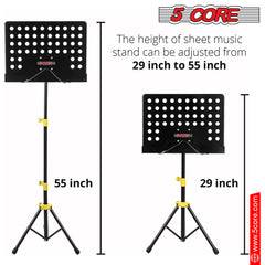 5 Core Sheet Music Stand Dual Use Professional Portable Music Stand, Metal Desktop Tripod Music Book Stand & Orchestral Sheet Stand Folding Adjustable Sturdy Heavy Duty for Performance & Band-MUS YLW