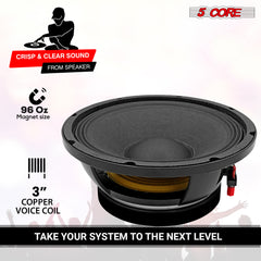 5 Core 10 Inch Subwoofer Speaker • 600W Max • 8 Ohm Fullrange Replacement DJ Bass Sub Woofer Loudspeaker • 3" Voice Coil • 96 Oz Magnet • Aluminum Frame- FR 10 185 AL