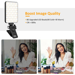 Rechargeable Selfie Light Fill Light 2000mAh Portable Clip On Light with 3 Light Modes 10 Brightness Levels for Phone Laptop Live Stream Make up Photography