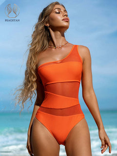 One shoulder Mesh One-pieces Swimwear Women 2023 High Cut Women's swimsuit Monokini Bikini