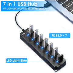 USB3.0 Hub Splitter 7Ports High Speed 5Gbps USB Data Expander with Separate ON OFF Switch for PC Computer