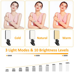 Rechargeable Selfie Light Fill Light 2000mAh Portable Clip On Light with 3 Light Modes 10 Brightness Levels for Phone Laptop Live Stream Make up Photography