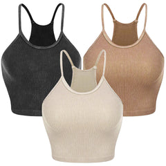 3 Pack Women Crop Basic Tank Top Ribbed Knit Sleeveless Round Neck 9 Color Machine Wash Summer Crop S to XL