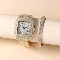 2pcs/set Watch + Bangle for Women Bracelet Iced Out Watch for Women Square Simple Luxury Plated Gold Watch Set Jewelry Set