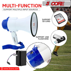 5 Core Megaphone Speaker Portable • 30W Bullhorn w Siren • Adjustable Volume Bull Horn • 800 Feet Range • Battery Powered Handheld Mega Phone for Coaches Safety Drill- 8R-USB-WB