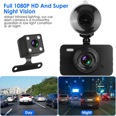 1080P Dual Dash Cam 3in Screen Vehicle Driving Recorder with Front Rear Camera G-Sensor Motion Detection Parking Monitor Night Vision Loop Recording 32G MMC Card Not Included