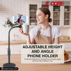 5 Core Gooseneck Phone Holder Stand for Desk Table Flexible Arm with Anti-Skid Round Base, Cell Phones Mount Clamp Compatible with All Smart Phones RBS MOB