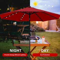 9' Solar Umbrella 32 LED Lighted Patio Umbrella Table Market Umbrella with Push Button Tilt/Crank Outdoor Umbrella for Garden, Deck, Backyard and Pool, Red