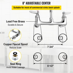 VEVOR Commercial Faucet with Pre-Rinse Sprayer, 8" Adjustable Center Wall Mount Kitchen Faucet with 12" Swivel Spout, 43" Height Compartment Sink Faucet for Industrial Restaurant, Lead-Free Brass