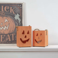 Northlight 8" Orange Wood Jack O Lantern Halloween Candle Lantern