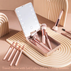 14PCS Travel Makeup Brush Set LED Light Mirror Private Label Portable LED Mirror Cosmetic Makeup Brushes Set