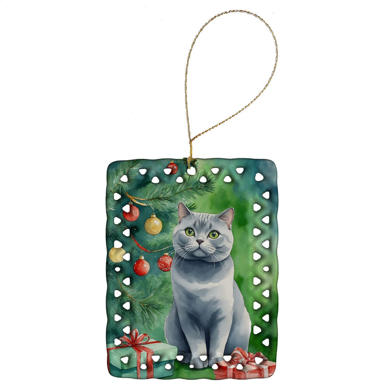 British Shorthair Cat By the Christmas Tree Porcelain Ornament Christmas Tree Hanging Decorations for Home Christmas Holiday, Rectangle, Gift, Multicolor