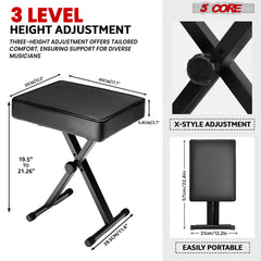 5 Core Keyboard Bench Height Adjustable Piano Chair Thick Padded Music Stool Heavy Duty Seat for Pianist Drum Guitar Player