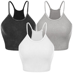 3 Pack Women Crop Basic Tank Top Ribbed Knit Sleeveless Round Neck 9 Color Machine Wash Summer Crop S to XL