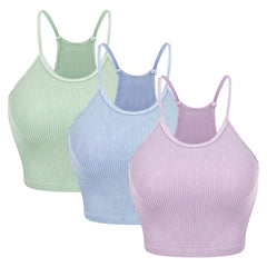 3 Pack Women Crop Basic Tank Top Ribbed Knit Sleeveless Round Neck 9 Color Machine Wash Summer Crop S to XL