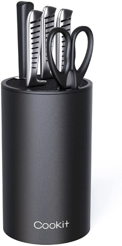 Knife Block Holder, Cookit Universal Knife Block without Knives, Unique Double-Layer Wavy Design, Round Black Knife Holder for Kitchen, Space Saver Knife Storage with Scissors Slot