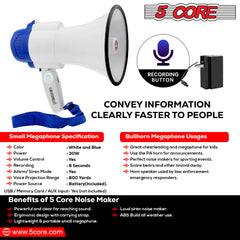 5 Core Megaphone Speaker Portable • 30W Bullhorn w Siren • Adjustable Volume Bull Horn • 800 Feet Range • Battery Powered Handheld Mega Phone for Coaches Safety Drill- 8R-USB-WB