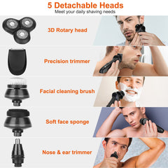 5 In 1 Electric Razor Shaver Rechargeable Cordless Head Beard Trimmer Shaver Kit IPX6 Waterproof Dry Wet Grooming Kit