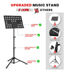 5 Core Sheet Music Stand Metal with Light Portable Violin Guitar Music Book Holder Paper clip Adjustable Foldable Music Stand with Carrying Bag for Instrumental Performance & Travel MUS FLD HD ACC