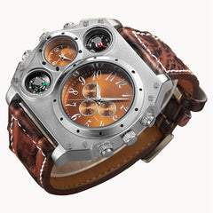 Men's Quartz Watch Two Time Zone Big Face Military Style Compass Thermometer Decorative Dial PU Leather Strap