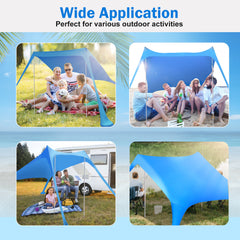 Foldable Beach Canopy Tent Collapsible Shade Sail Sun Protection Windproof Shelter 4 Sandbag 2 Pole Portable Storage Bag Rectangle Blue