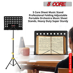 5 Core Sheet Music Stand Dual Use Professional Portable Music Stand, Metal Desktop Tripod Music Book Stand & Orchestral Sheet Stand Folding Adjustable Sturdy Heavy Duty for Performance & Band-MUS YLW