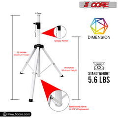 5 Core Speaker Stand Tripod Tall Height Adjustable Heavy Duty DJ Light Floor Stands Universal 35mm Pole Mount PA Studio Monitor Large Subwoofer Support - SS HD WH BAG