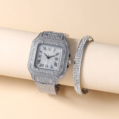 2pcs/set Watch + Bangle for Women Bracelet Iced Out Watch for Women Square Simple Luxury Plated Gold Watch Set Jewelry Set