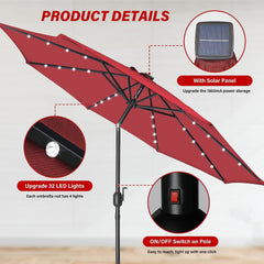 9' Solar Umbrella 32 LED Lighted Patio Umbrella Table Market Umbrella with Push Button Tilt/Crank Outdoor Umbrella for Garden, Deck, Backyard and Pool, Red