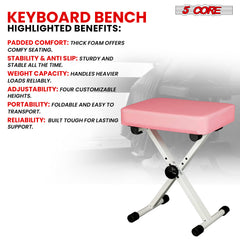 5 Core Keyboard Bench Height Adjustable Piano Chair Thick Padded Music Stool Heavy Duty Seat - KBB PNK HD