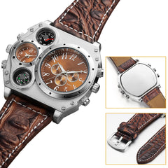 Men's Quartz Watch Two Time Zone Big Face Military Style Compass Thermometer Decorative Dial PU Leather Strap