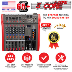 5 Core Audio Mixer 6 Channel DJ Mixing Board Professional Bluetooth USB Analog Mezclador De Audio w Phantom Power Rackmount Console for Live Recording Podcast Karaoke - MX 6CH