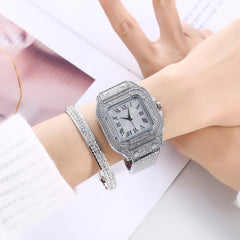 2pcs/set Watch + Bangle for Women Bracelet Iced Out Watch for Women Square Simple Luxury Plated Gold Watch Set Jewelry Set