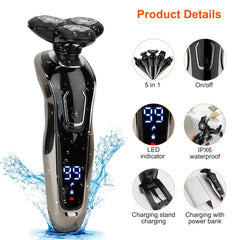 5 In 1 Electric Razor Shaver Rechargeable Cordless Head Beard Trimmer Shaver Kit IPX6 Waterproof Dry Wet Grooming Kit