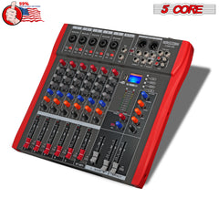 5 Core Audio Mixer 6 Channel DJ Mixing Board Professional Bluetooth USB Analog Mezclador De Audio w Phantom Power Rackmount Console for Live Recording Podcast Karaoke - MX 6CH