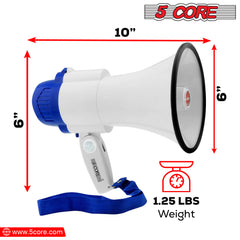 5 Core Megaphone Speaker Portable • 30W Bullhorn w Siren • Adjustable Volume Bull Horn • 800 Feet Range • Battery Powered Handheld Mega Phone for Coaches Safety Drill- 8R-USB-WB