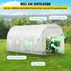 VEVOR Walk-in Tunnel Greenhouse, 15 x 7 x 7 ft Portable Plant Hot House w/ Galvanized Steel Hoops, 1 Top Beam, Diagonal Poles, Zippered Door & 8 Roll-up Windows, White