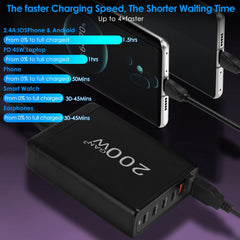 200W Fast Wall Charger with 6 Charging Ports Desktop USB Charging Station PD45W 2.4A GaN Power Adapter Fit for IOSPhone 14 13 12 11 Samsung S22 S21 Switch MacBook iPad